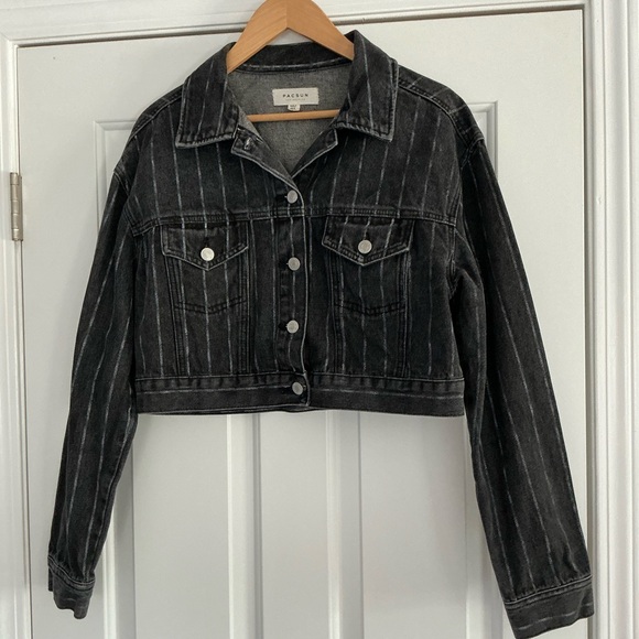 PacSun Cropped Vintage Wash Denim Striped Jacket M/L - Picture 1 of 13